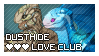 Animated stamp featuring a female pose blue Dusthide and a male pose tan Dusthide with text that reads 'Dusthide Love Club' next to three pixel hearts