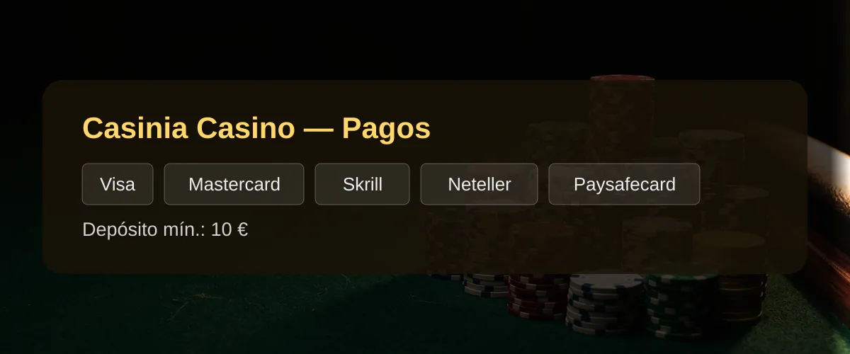 Casinia Casino  Pagos: Visa, Mastercard, Skrill, Neteller, Paysafecard