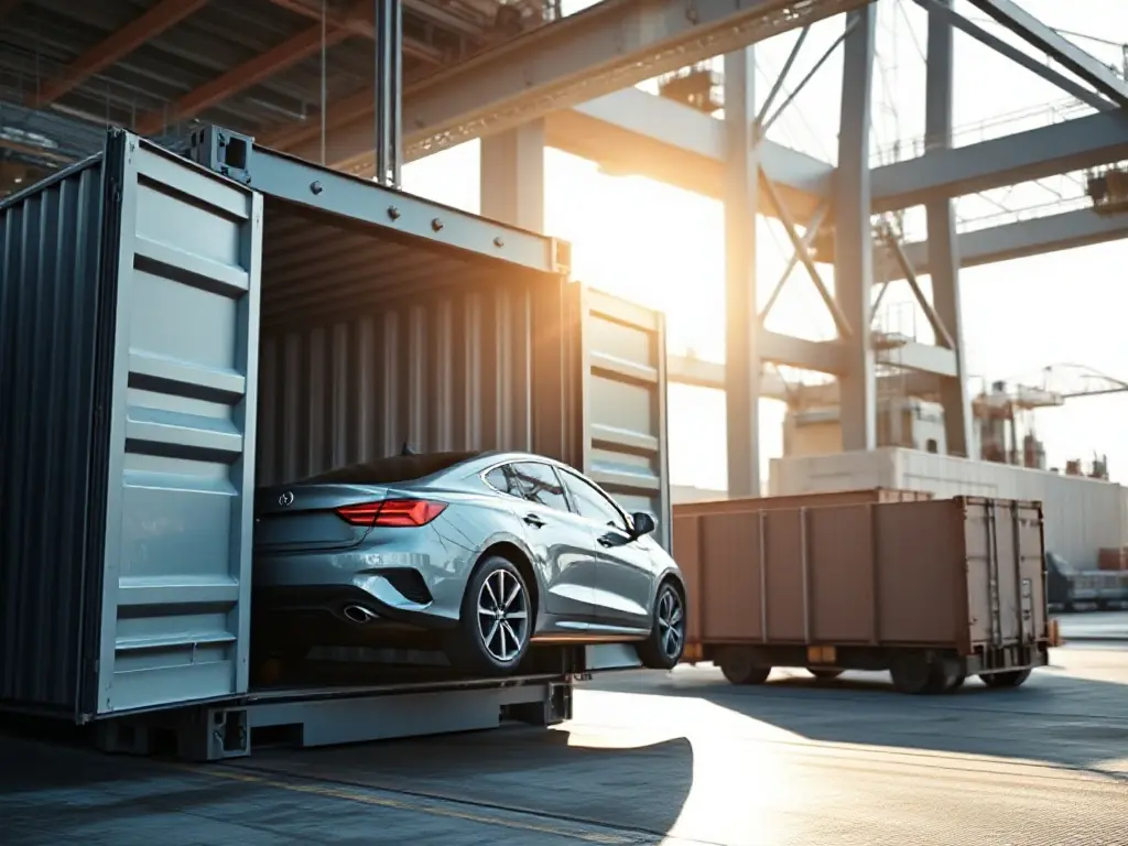 Car being loaded into a shipping container at a port