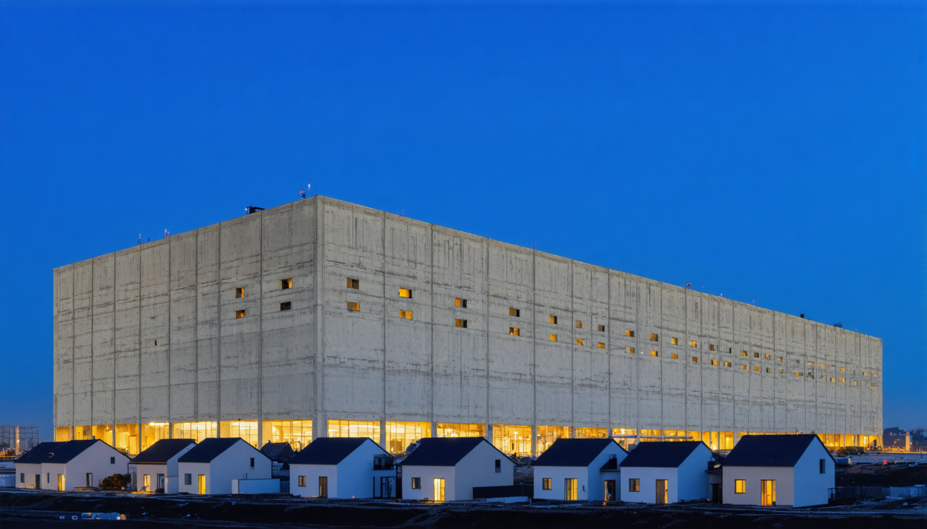 A massive windowless data center under construction at dusk, dwarfing a row of small houses in its shadow.