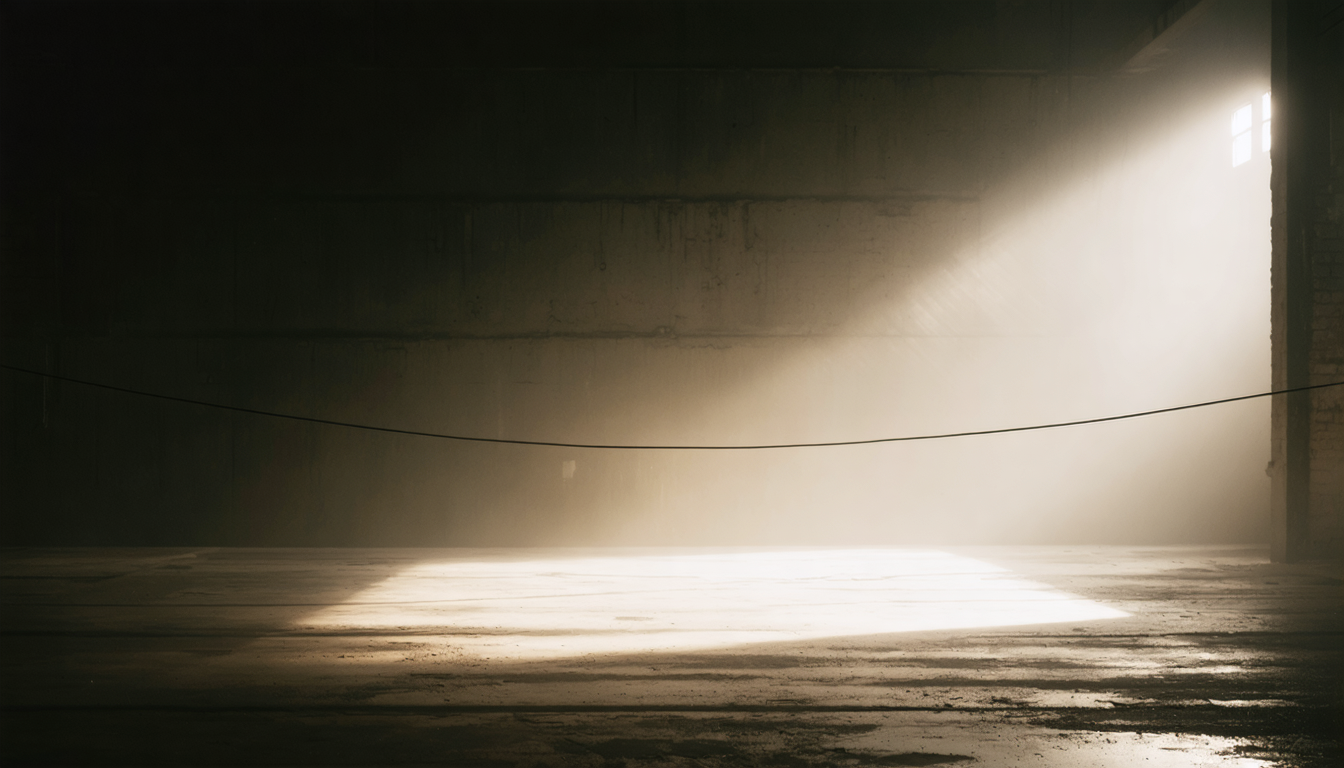 A wire under tension stretched across a dark industrial space, catching a single line of light.