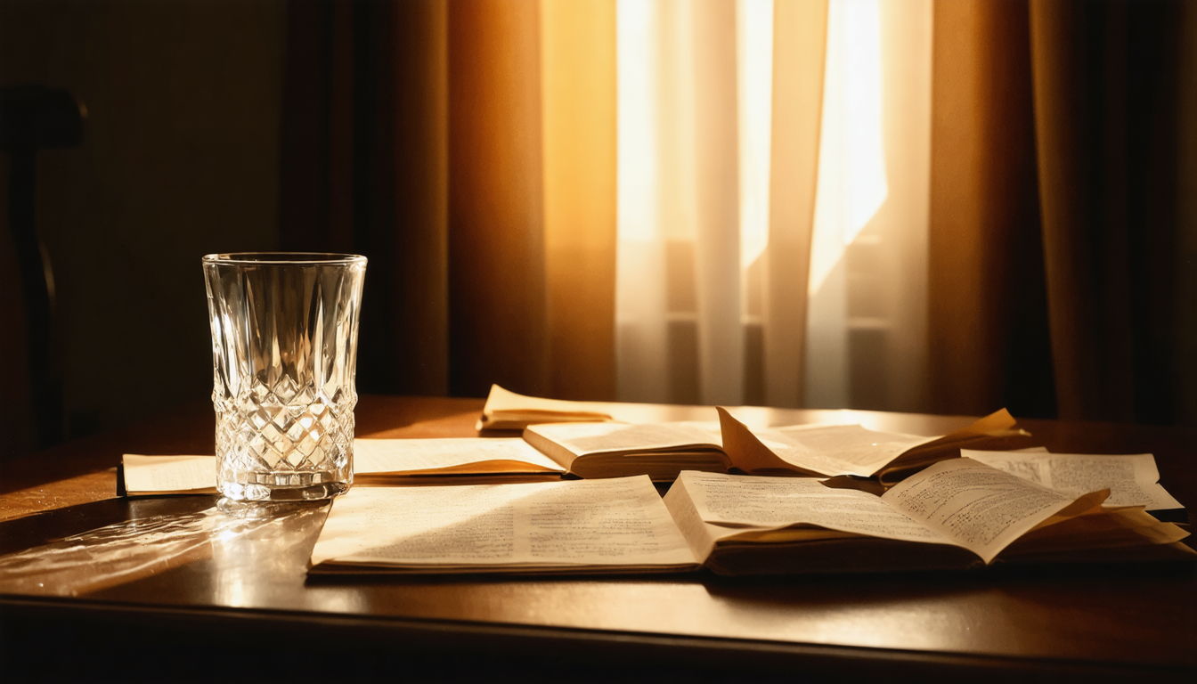 An empty glass on a desk, proving that even the absence of vice can be staged for maximum aesthetic credibility.