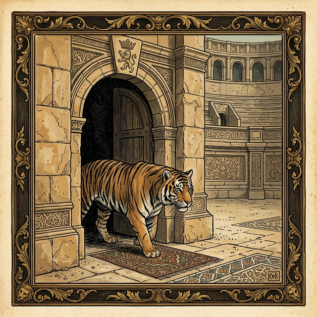 A tiger standing behind a mysterious door