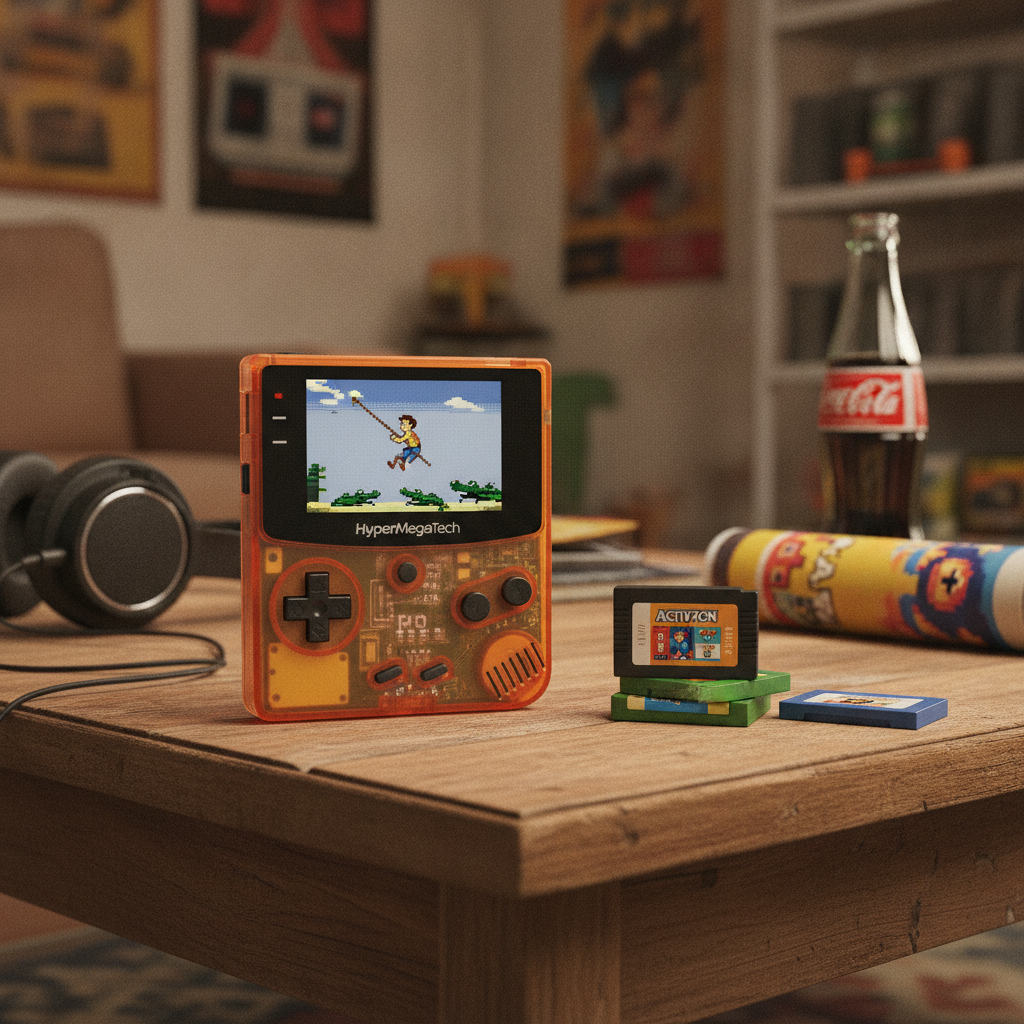 A HyperMegaTech Super Pocket handheld console displaying a classic Activision game.