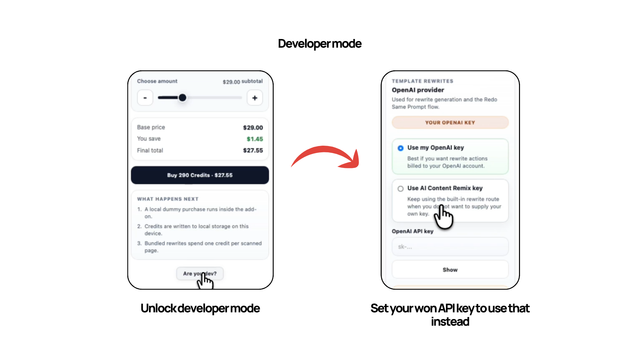 Developer and wallet settings