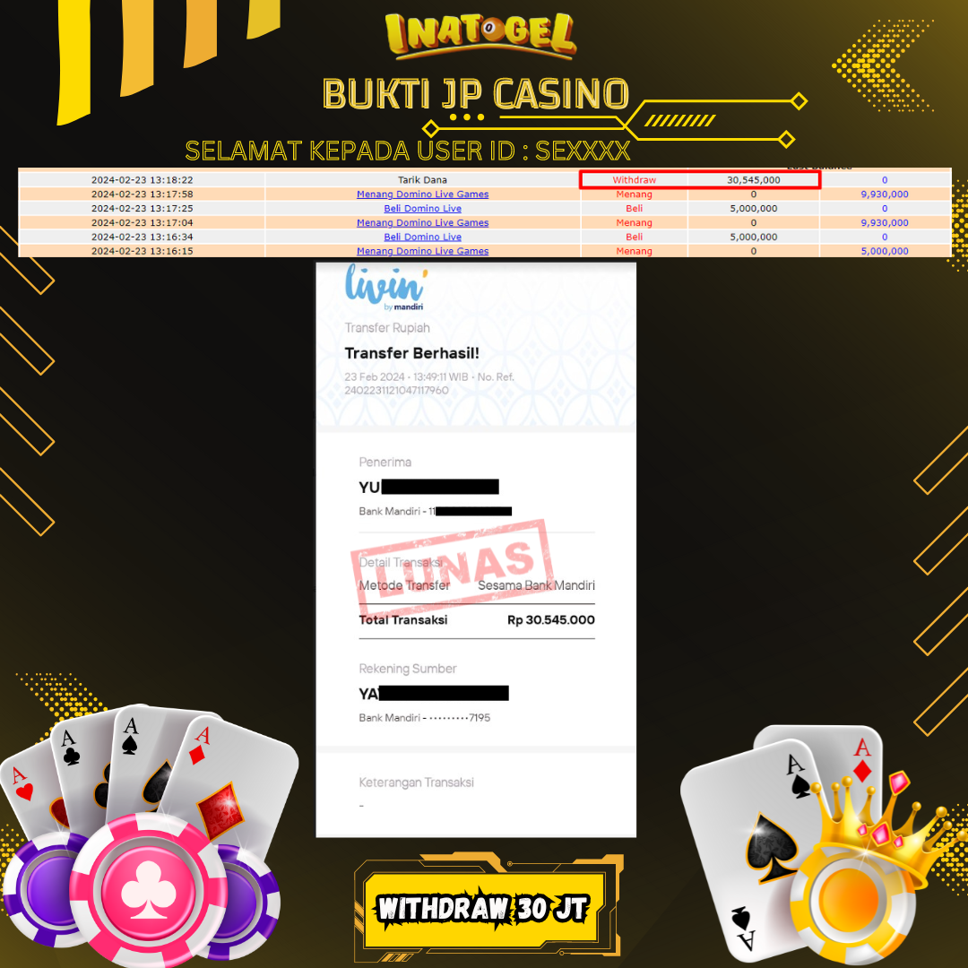 BUKTI PEMBAYARAN JP DOMINO LIVE GAMES Rp30,000,000,- LUNAS