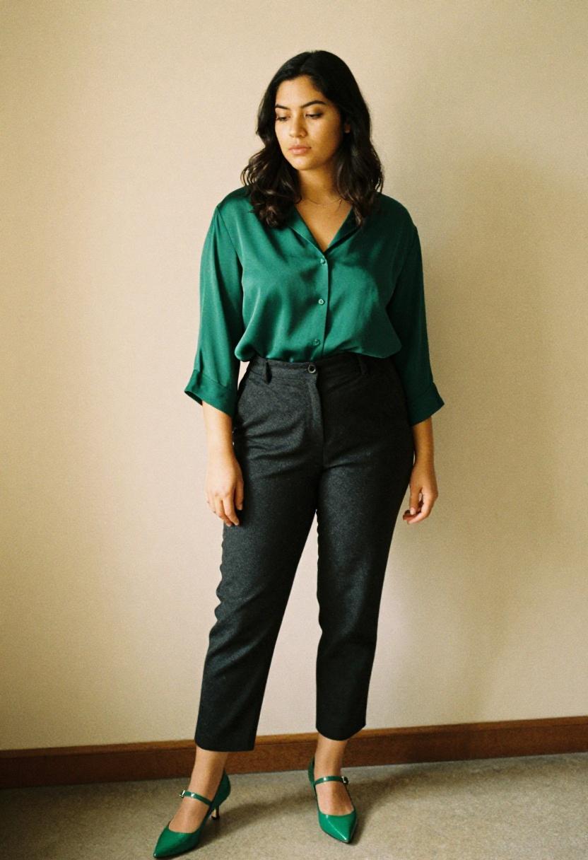Emerald green silk blouse with matching Mary Jane kitten heels for editorial office sophistication