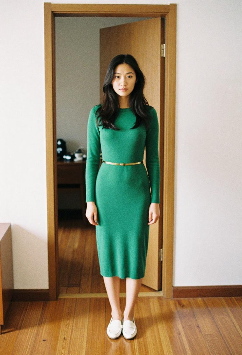Emerald green knit midi dress with gold belt for sophisticated work from home style