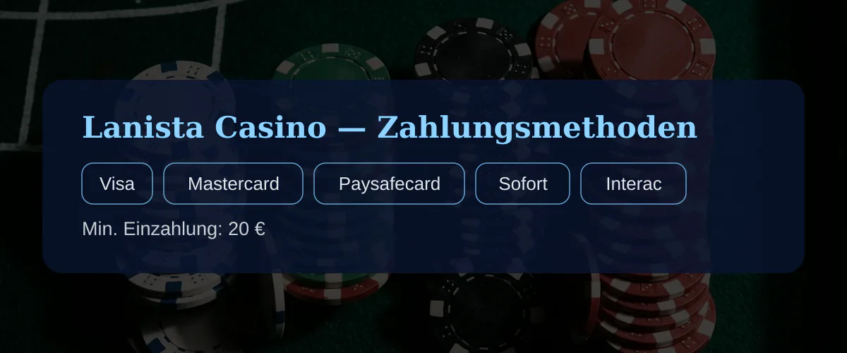 Lanista Casino — Zahlungsmethoden: Visa, Mastercard, Paysafecard, Sofort, Interac
