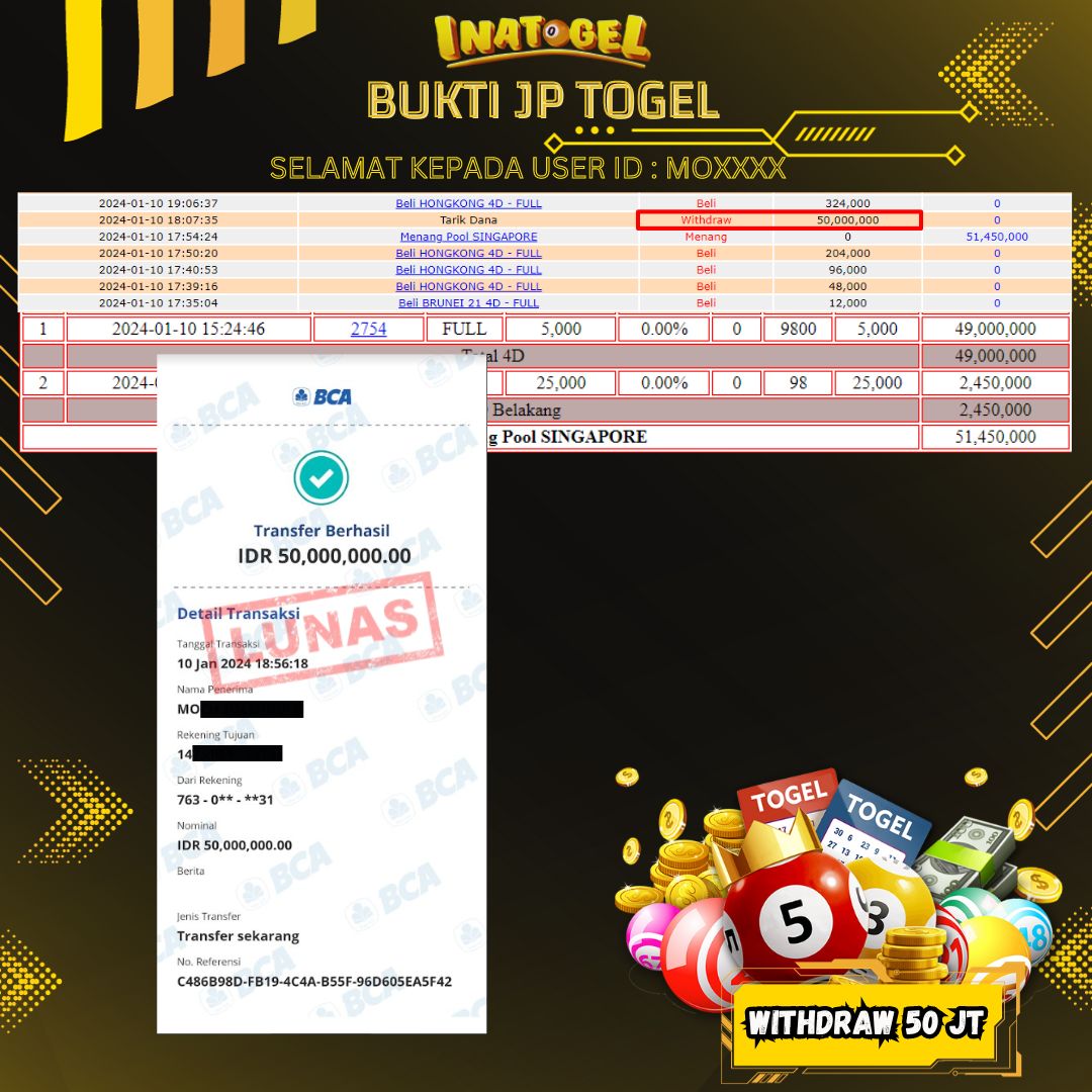 BUKTI PEMBAYRAN JP TOGEL SINGAPORE Rp50,000,000,- LUNAS