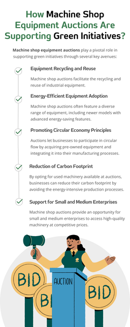 Machine shop equipment auctions support green initiatives by promoting the reuse of industrial machinery, reducing the demand for new manufacturing processes. They facilitate the adoption of energy-efficient equipment, promote circular economy principles, and lower carbon emissions by extending the lifespan of machinery. To know more visit here  https://www.auctionmasters.com/industries/metal-fabricating-machine-shop