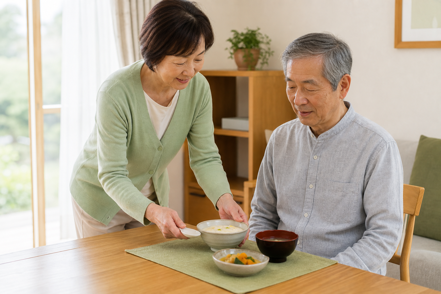 姿勢と食事環境に配慮しながら食卓を整える家族