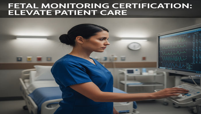Fetal Monitoring Certification: Elevate Patient Care A confident labor and delivery nurse intently interprets a complex electronic fetal monitoring (EFM) tracing on a hospital screen, with a calm, focused expression. The image highlights professional expertise in fetal monitoring, emphasizing skill validation and improved patient care in a modern clinical setting, featuring the title 'Fetal Monitoring Certification: Elevate Patient Care' prominently.