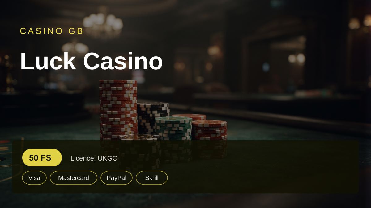 Luck Casino — welcome bonus 100% up to £100 + 50 FS, payments: Visa, Mastercard, PayPal, Skrill, Paysafecard