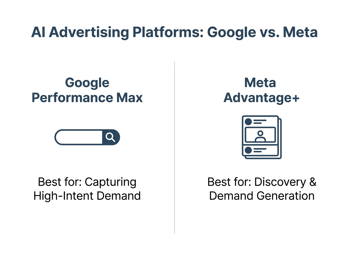 Comparison chart showing the differences between Google Performance Max (for capturing demand) and Meta Advantage+ (for discovery and brand awareness).
