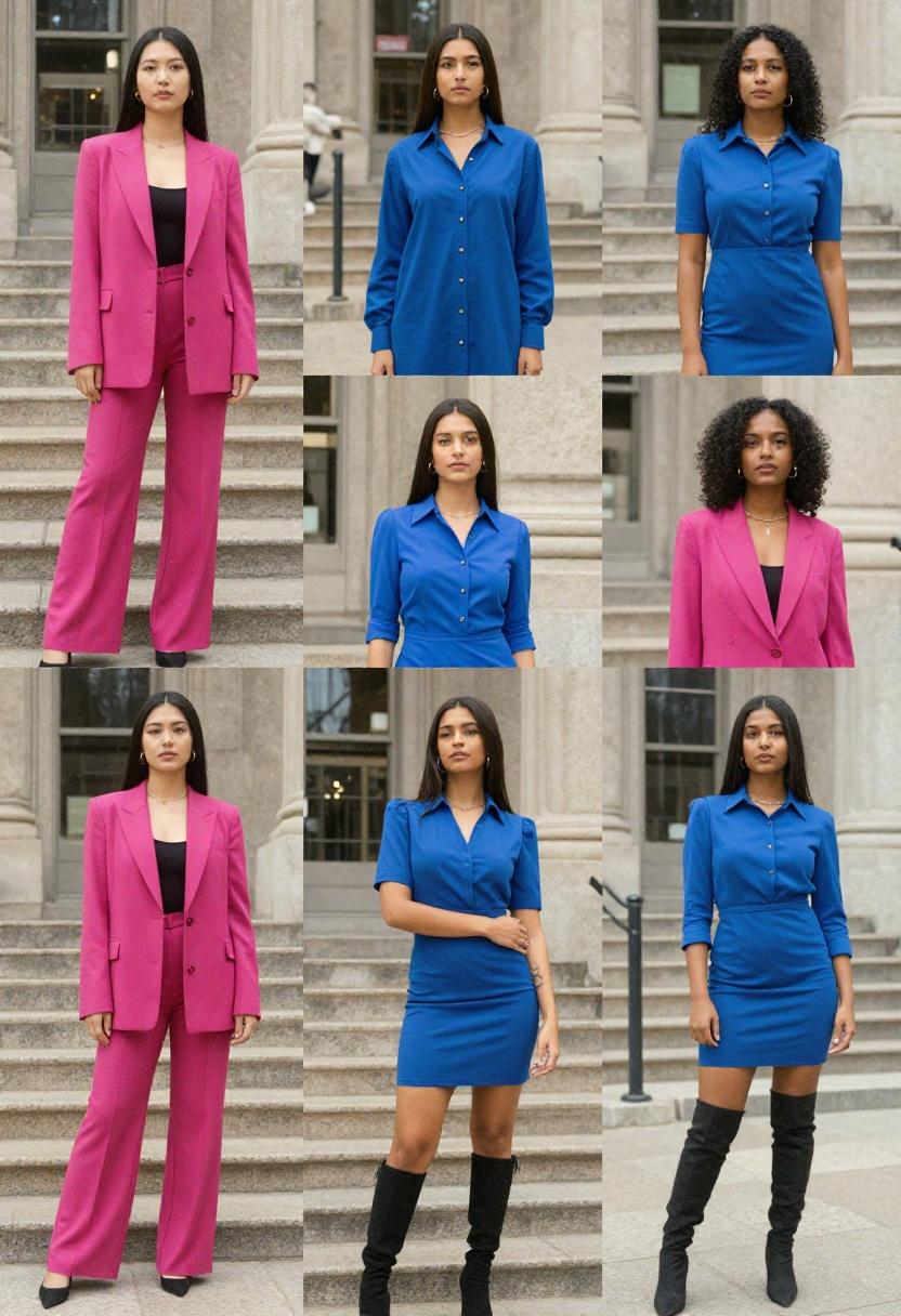 Editorial spread of magenta and electric blue statement outfits for a promposal-ready wardrobe