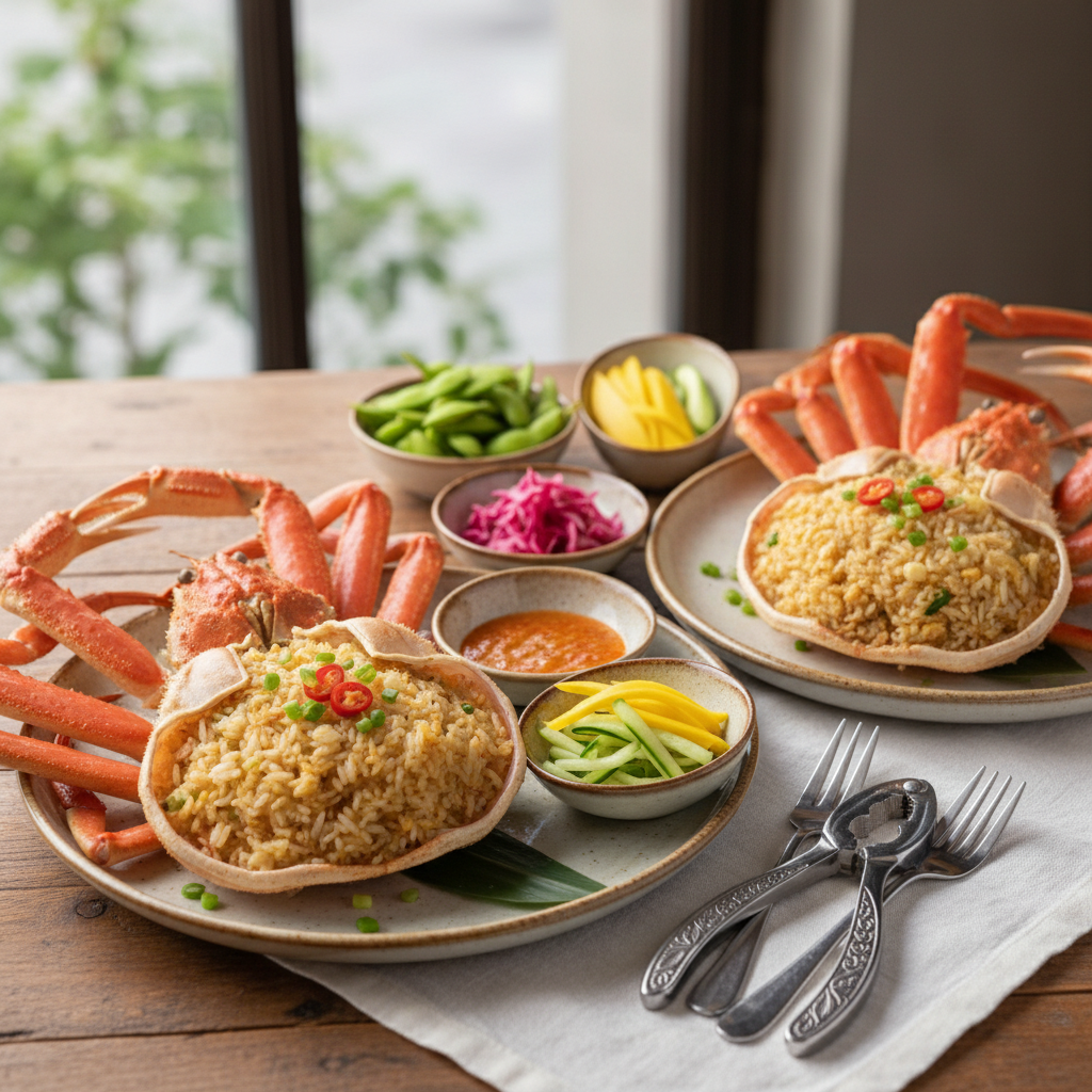 2인 상차림으로 차려진 찜 대게와 게딱지 볶음밥