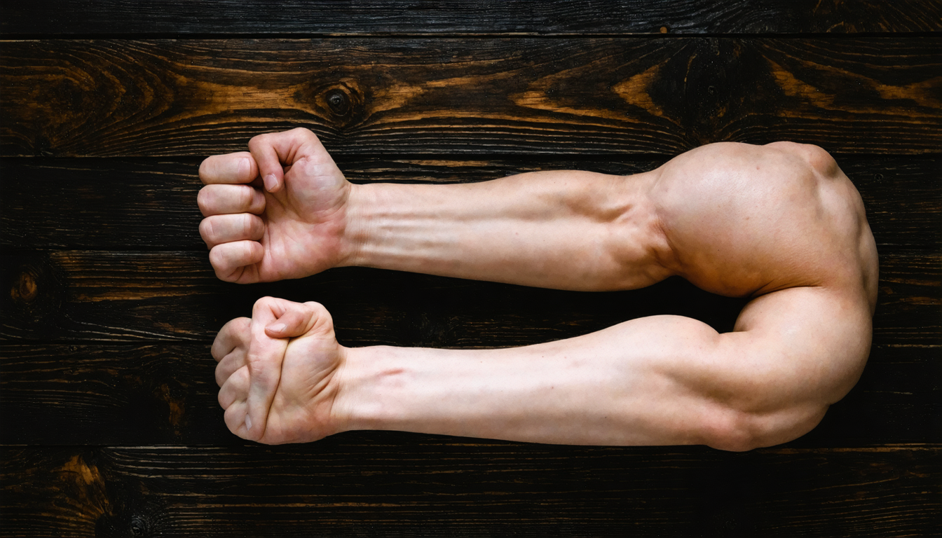 Two arms side by side, one heavily muscled and one noticeably thinner, resting on a dark wooden table surface.