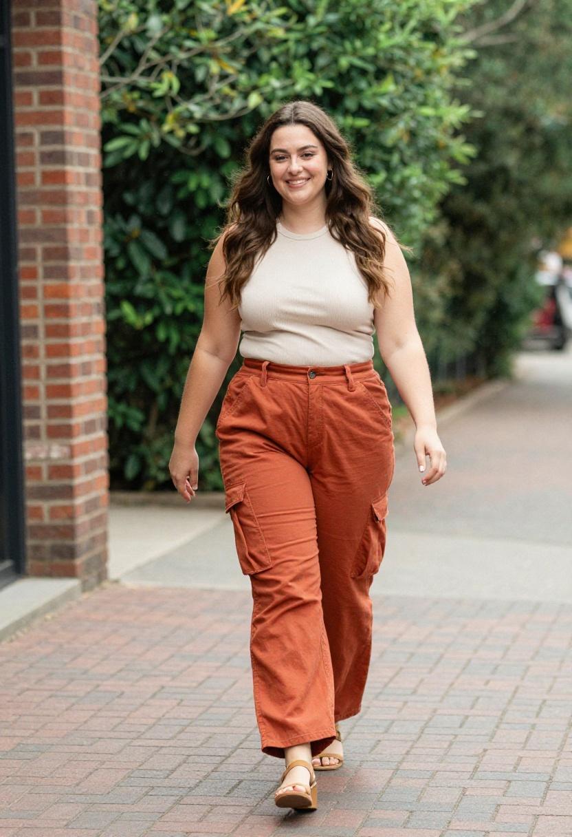 Terracotta wide-leg cargo pants with ribbed top spring utility outfit