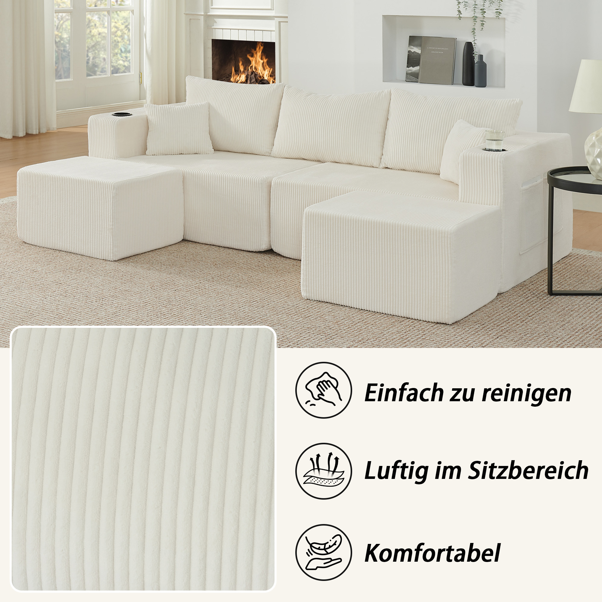 Canapé d'angle modulable beige dans le salon