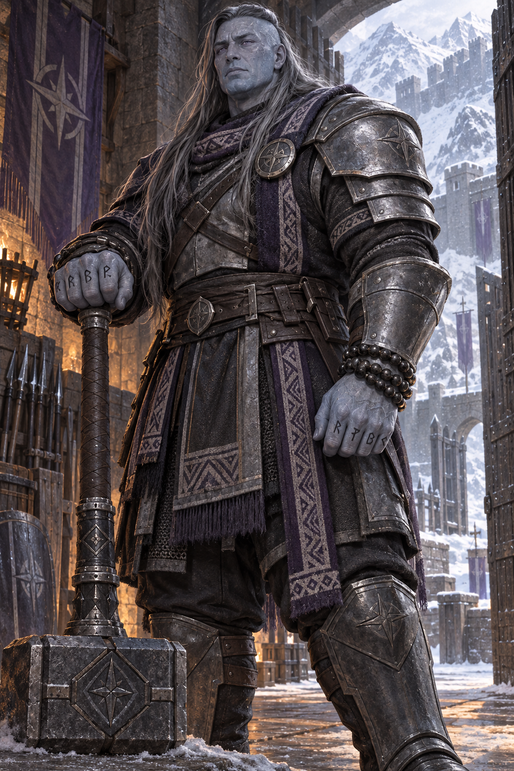 Knight Matías Soliz, a towering frost giant with long pewter hair, glacial-lilac eyes, blue-gray skin, and runes across his knuckles.