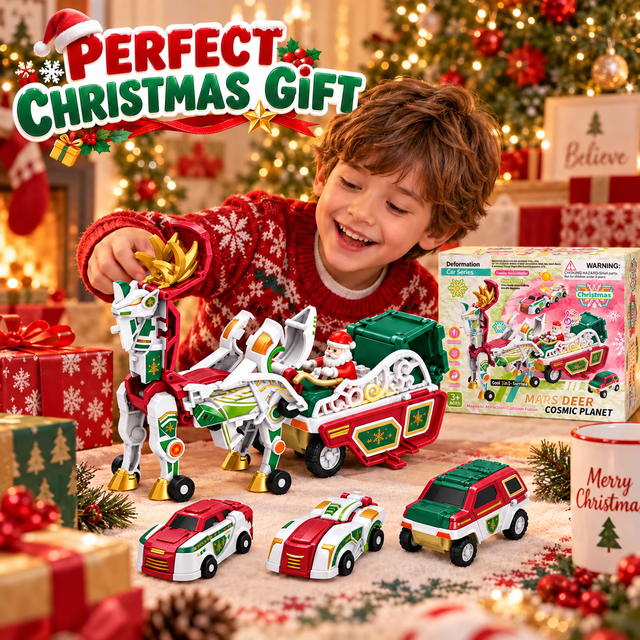 Child playing with the Christmas reindeer transformable car toy beside its gift box