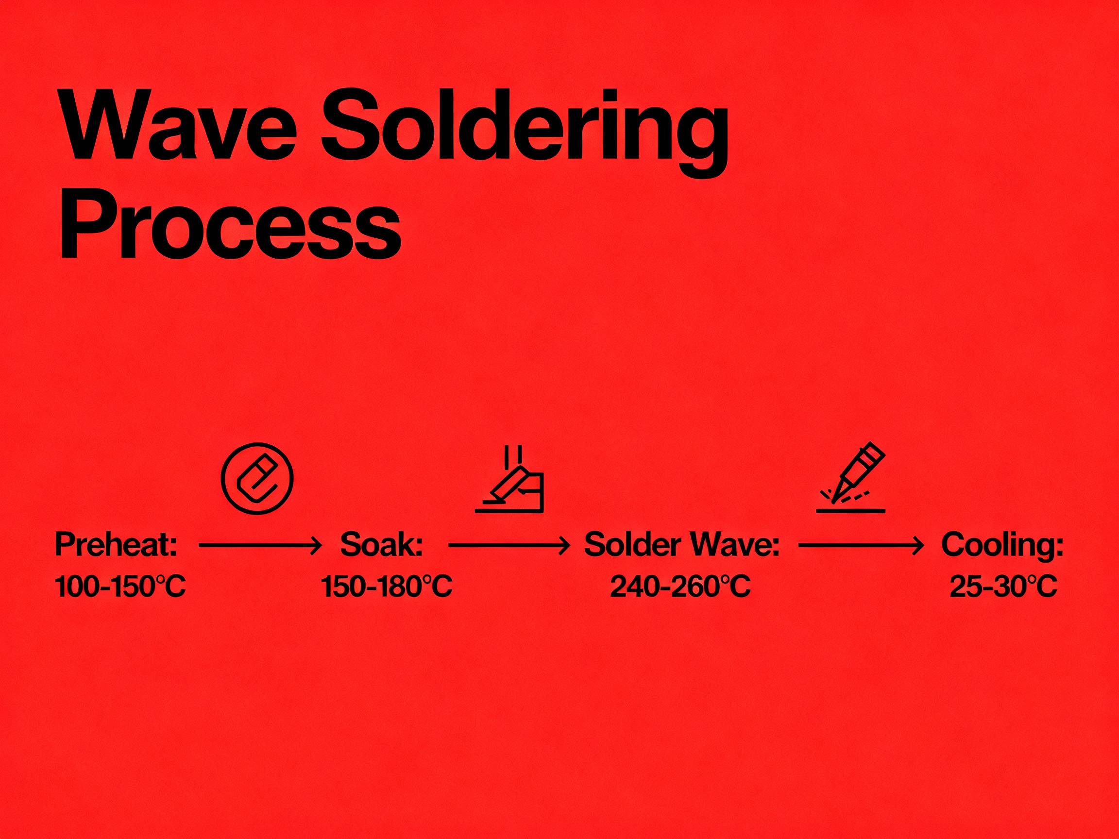 Wave soldering process phases with temperature ranges.