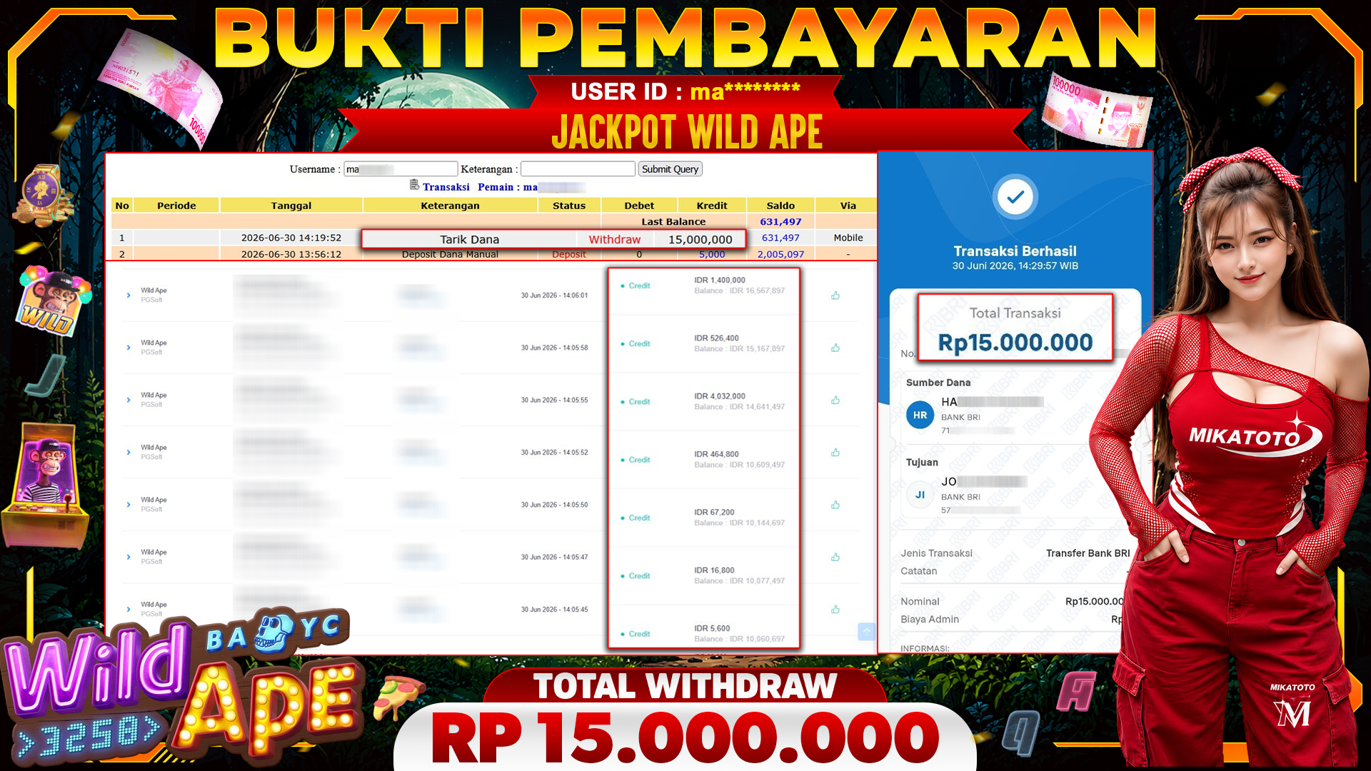 🏆 SELAMAT KEPADA PEMENANG JACKPOT DI Wild Ape - PGSoft 15,000,000🏆