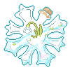 [LvW 2026 Boarding Badge ''Ice Shine''] A sparkling snowflake-shaped glass terrarium filled half way with snow with a single snowdrop flower inside.