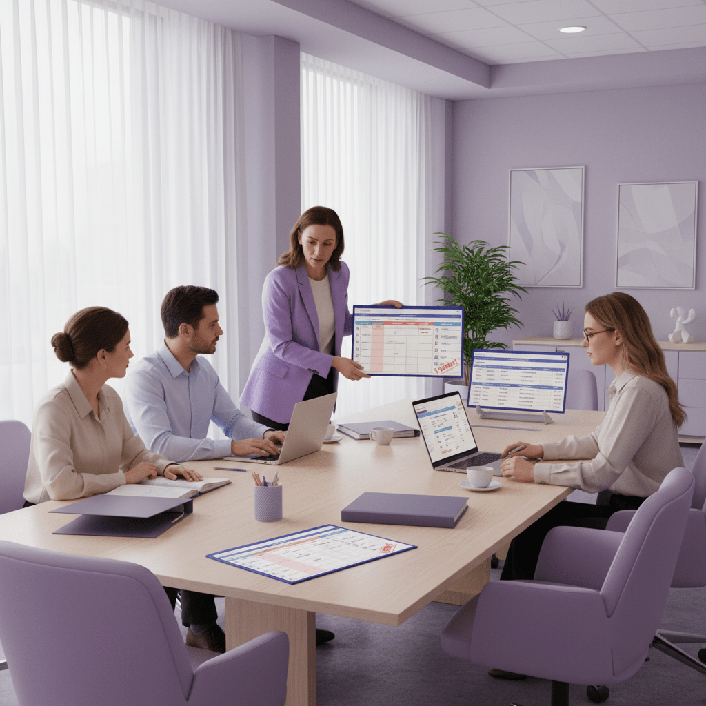 Hotel managers comparing payroll software options with scorecards and laptops in a meeting