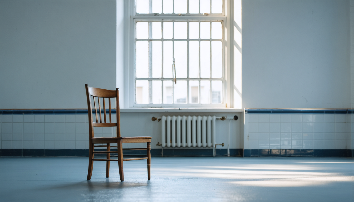 An empty institutional room with a single chair, pale morning light through a barred window, bare walls.