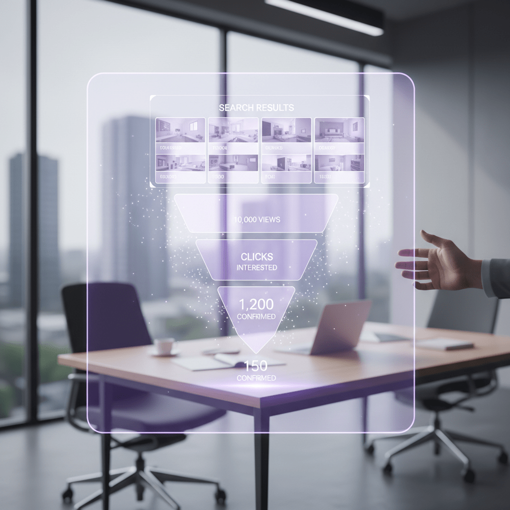 Booking visibility funnel on a digital screen showing search results, clicks, and bookings