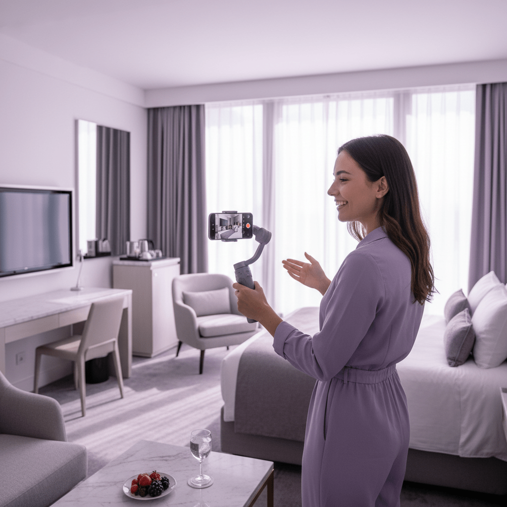 Hotel content creator filming a bright suite tour