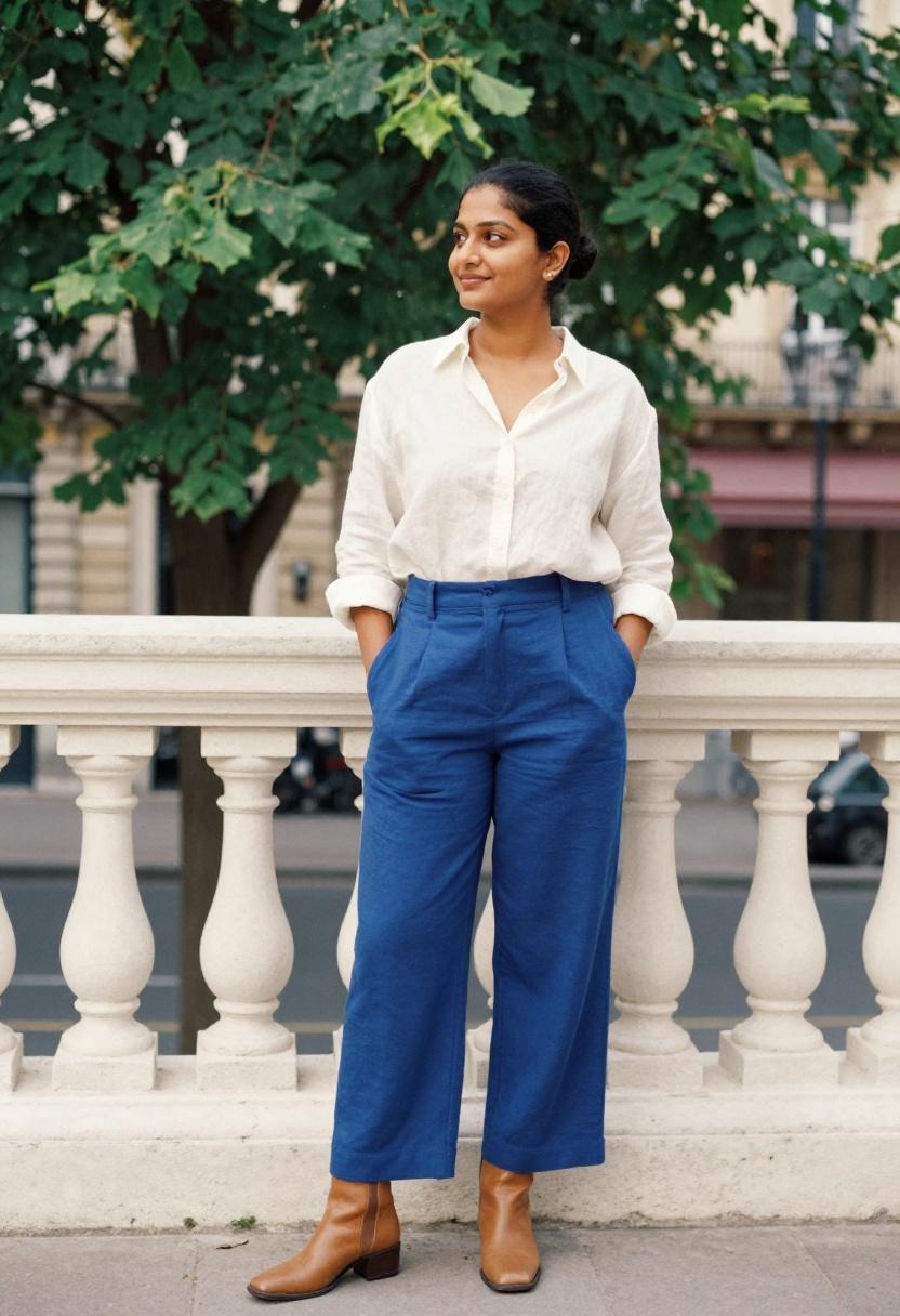 Cobalt blue wide-leg trousers with matching square toe boots for a polished spring street look