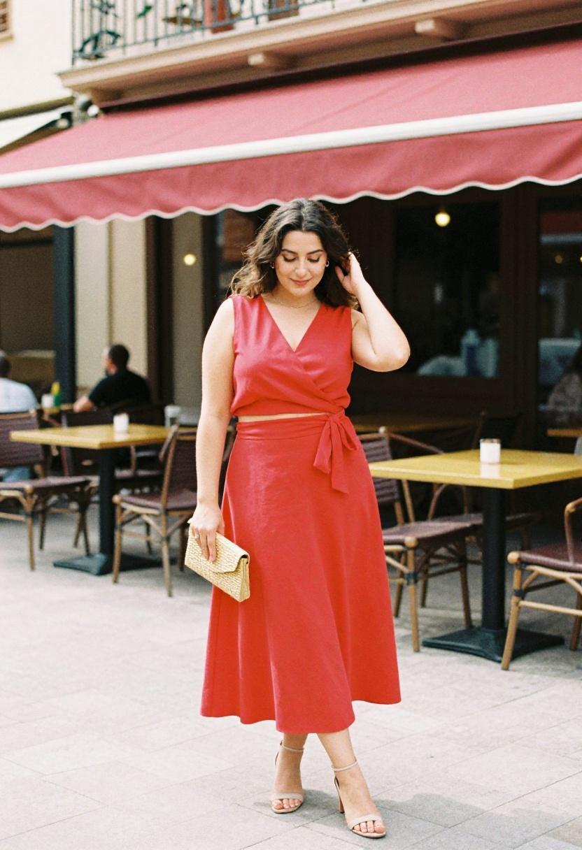 Plus size woman in cherry red wrap co-ord set in a sunlit European plaza