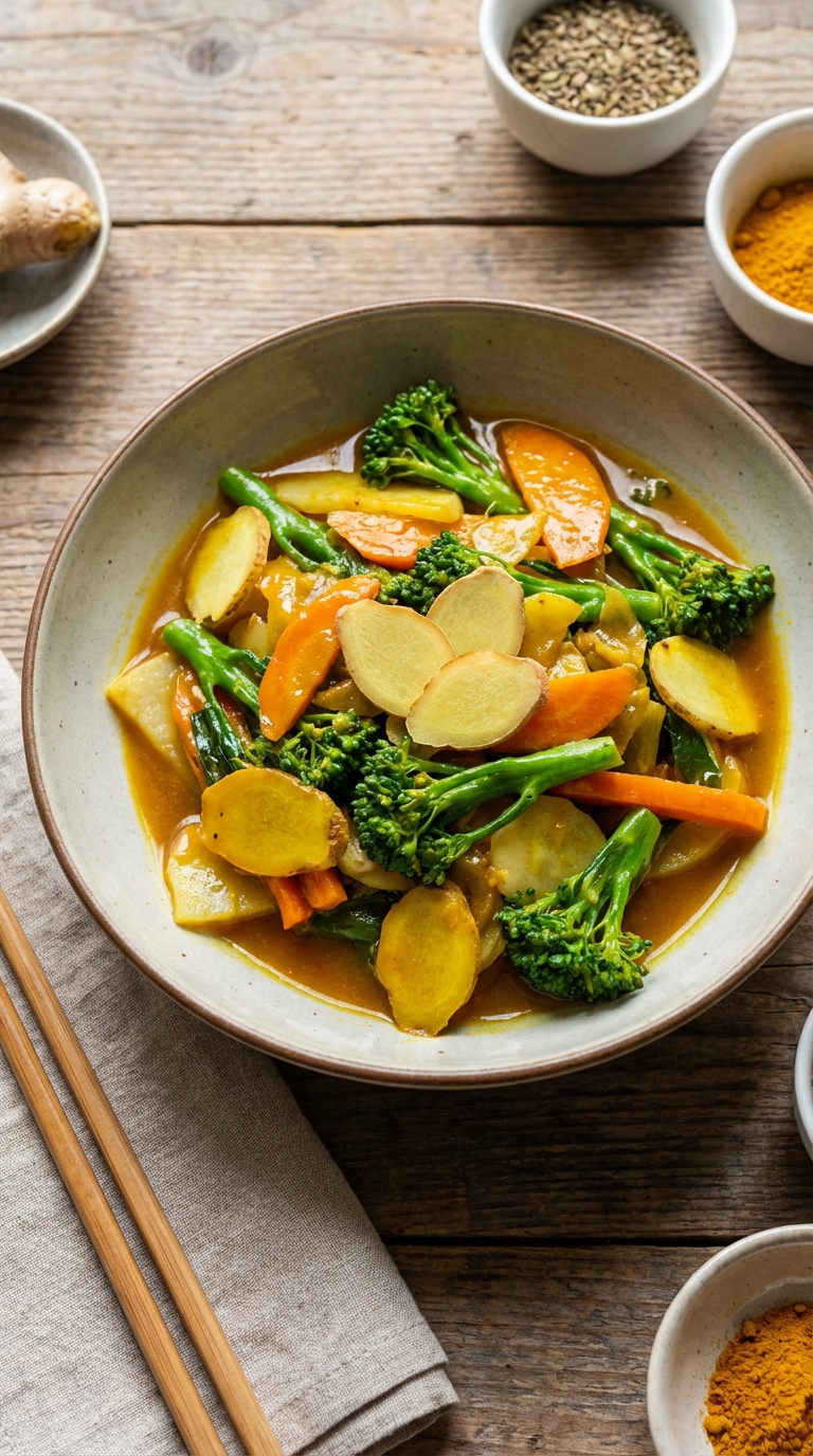 Vibrant vegetable stir-fry coated in a glossy sauce representing quick turmeric and ginger recipes