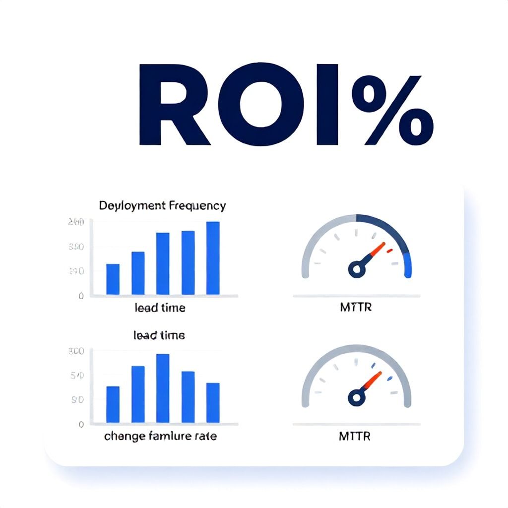 Dashboard illustration showing DORA metrics with ROI calculation