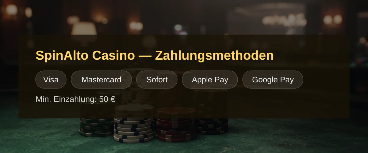 SpinAlto Casino — Zahlungsmethoden: Visa, Mastercard, Sofort, Apple Pay, Google Pay