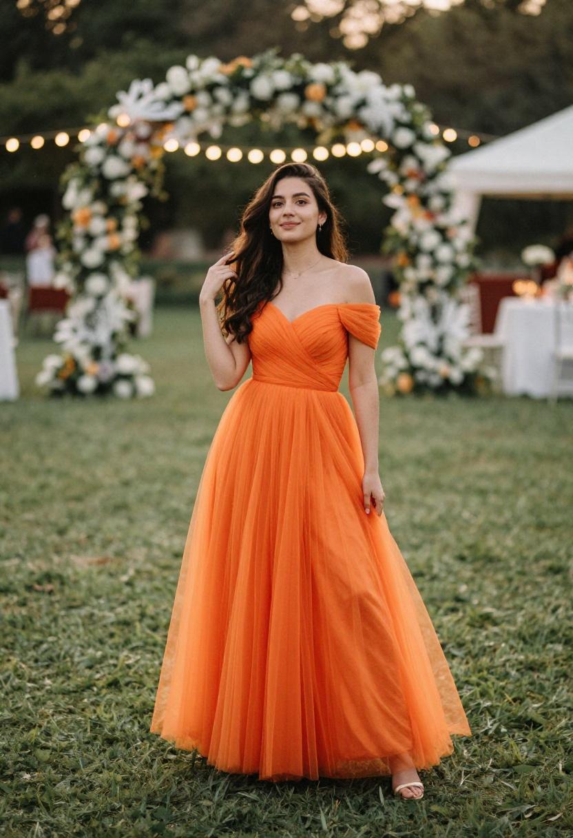 Golden hour solo prom shot in tangerine off-shoulder tulle gown