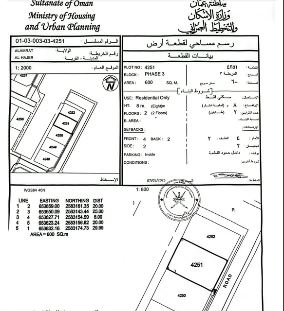 ارض سكنية مميزة في العامرات الحاجر الأولى رقم القطعة 4251