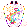 [LvW 2026 Boarding Badge ''Prismatic Shine''] A sparkling top-heavy glass terrarium containing a sun and moon, clouds with a rainbow flowing between them, and vibrant flowers with misty clouds floating around it.
