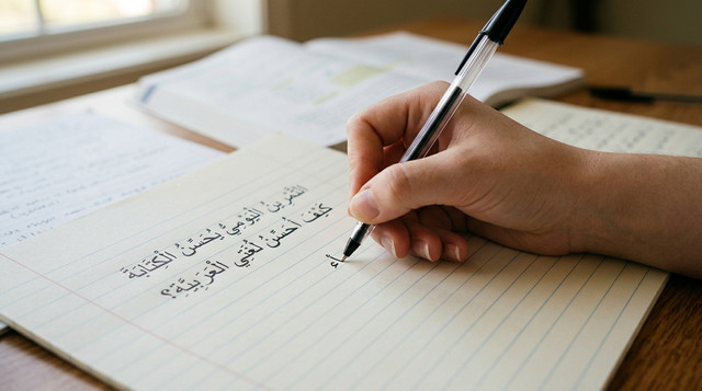 تمارين عملية لتحسين اللغة العربية — يد تكتب نصاً عربياً بخط واضح على ورقة مسطّرة