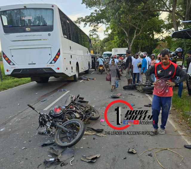 මාතර යතුරුපැදියක් දෙකක් ගැටීමෙන් පසු එක් යතුරුපැදියක පැමිනි අයෙකු විසිවීගොස් ඒ අසලින් ගමන්කල බස් රථයකට යටවීමෙන් ජීවිතක්ෂයට