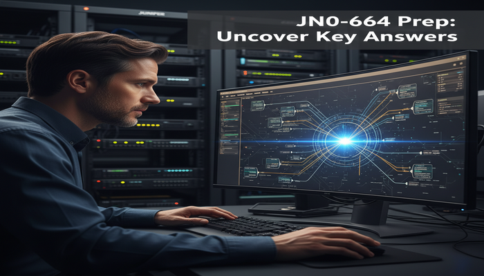 JN0-664 Prep: Uncover Key Answers A focused network engineer discovering a glowing, critical solution on a complex JN0-664 routing and switching network diagram on a large monitor in a data center, signifying a breakthrough in exam preparation.