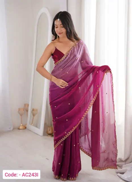 Embroidery work Wine color satin saree
