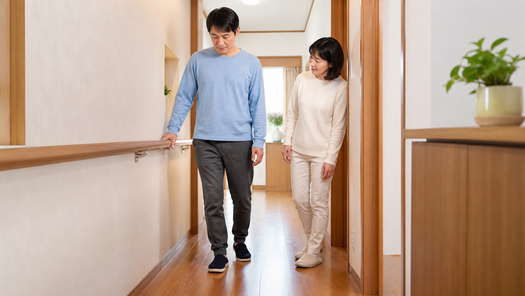 明るく整理された自宅で家族の見守りを受けて歩く場面