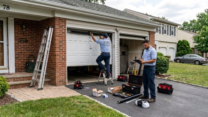 Garage door repair technician installing a new residential garage door