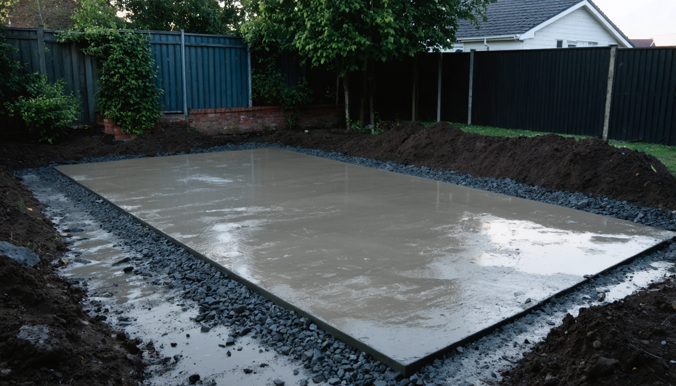 A newly poured rectangle of wet concrete over dark disturbed earth in a suburban backyard at dawn, unmistakably recent.