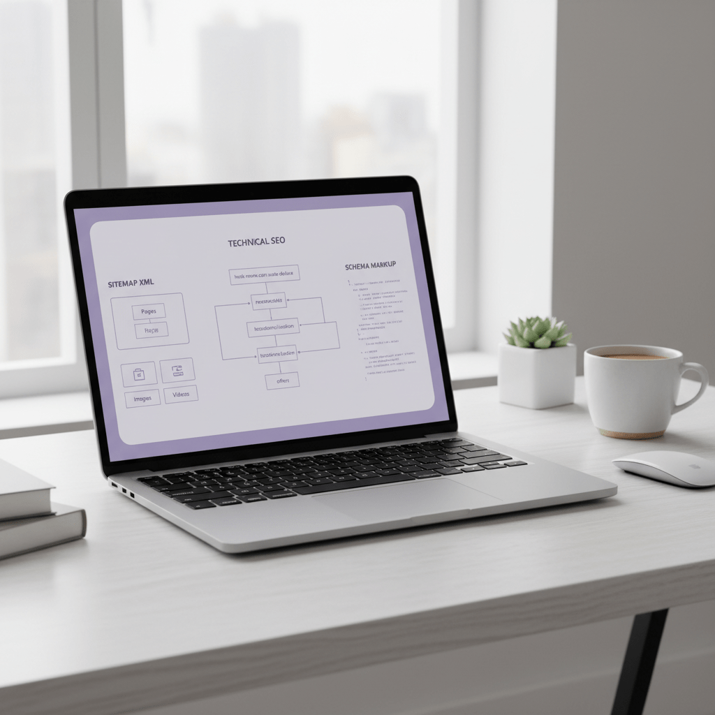 Hotel SEO audit desk with speed metrics, schema validation, and booking flow notes in a polished lavender-toned workspace