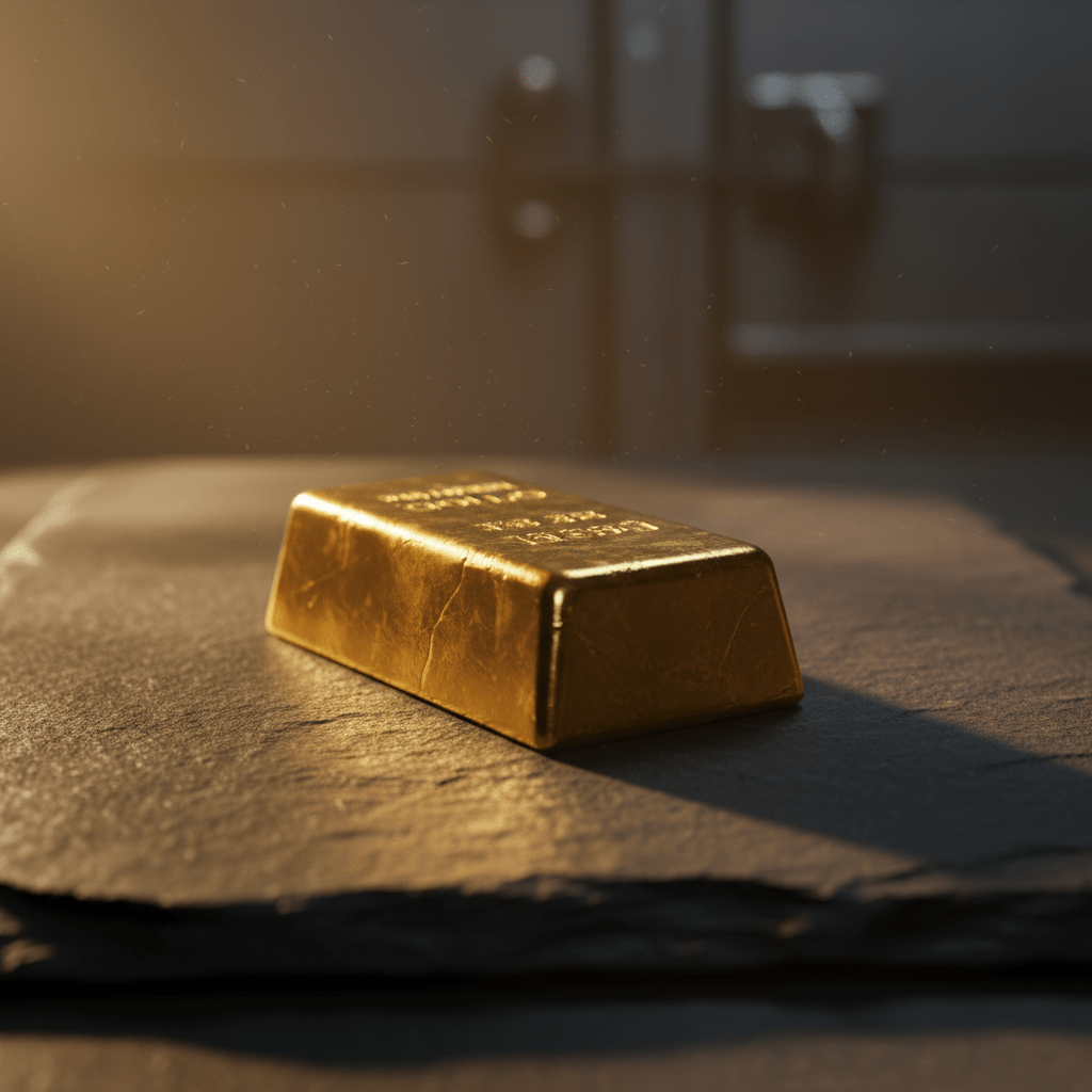 A gleaming gold bar on a dark surface, representing a safe haven asset.